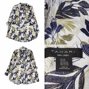 Tahari Shirt Linen Tropical Button Up Women’s Plus Size 2X Long Sleeve Resort